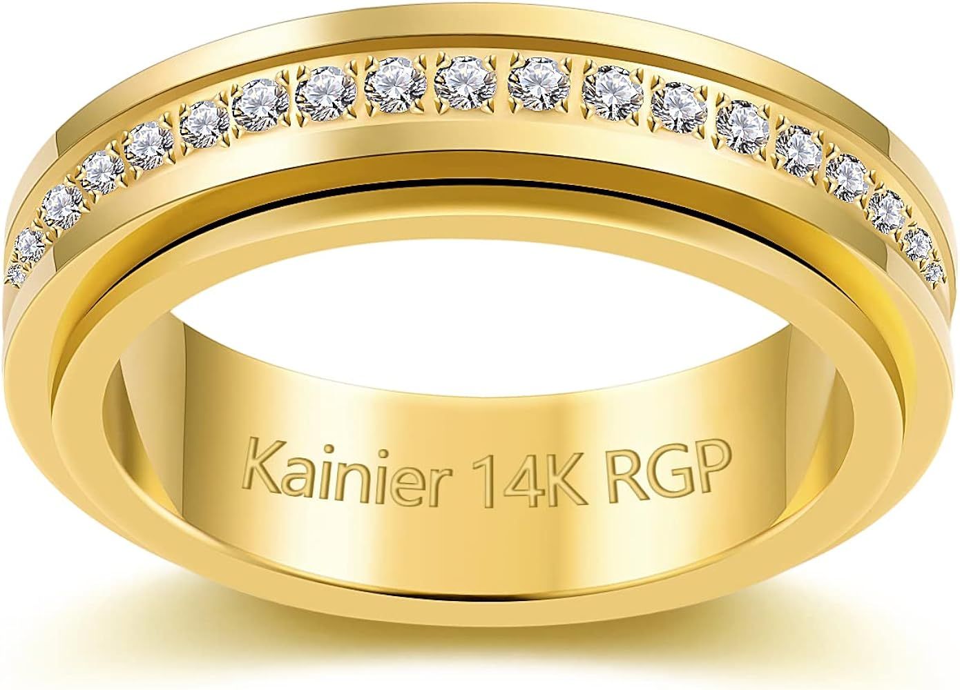 Kainier 14K Gold Plated Anxiety Rings Cubic Zirconia Stones Spinner Fidget Band Rings for Women Men  | Amazon (US)