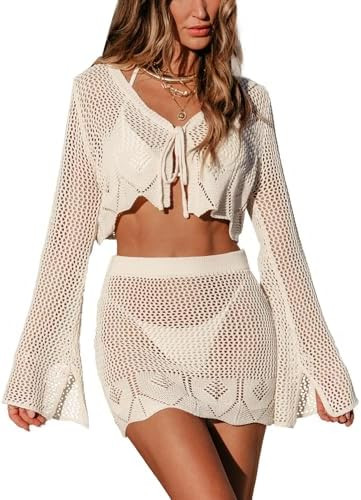 CUPSHE Women Crochet Swimsuit Cover Up Set Long Sleeve 2 Piece Summer Bathing Suit Beach Outfit | Amazon (US)