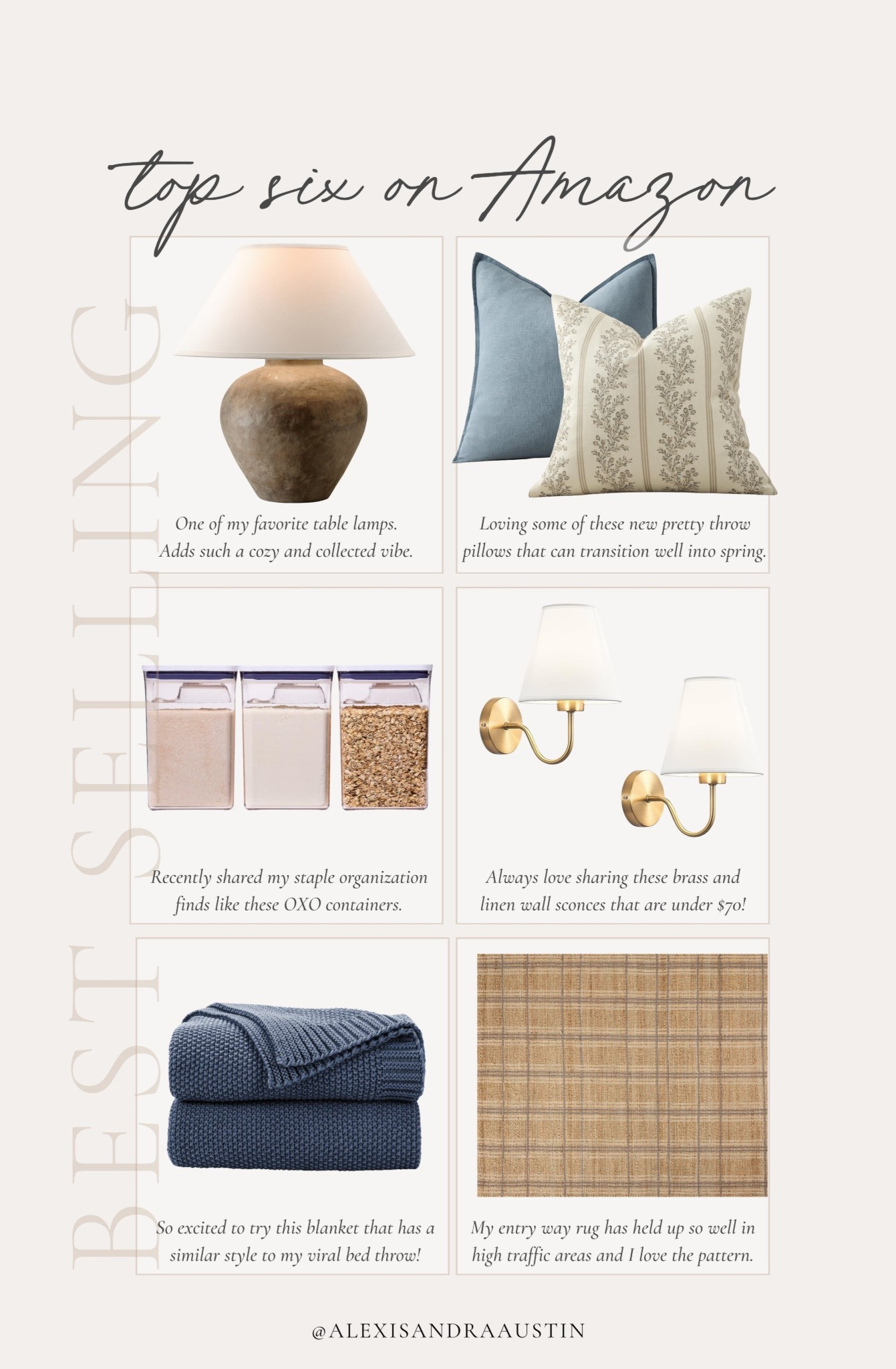 This week’s top six best selling item on Amazon! Loved incorporating a pop of blue into my spring decor mixed in with some of my home staples.

Home finds, spring refresh, neutral home inspo, best sellers, found it on Amazon, pops of blue, cozy table lamp, organization faves, cozy throw pillow, neutral area rug, just area rug, brass wall sconces, cozy throw blanket, Troy lighting, oxo, Chris Loves Julia, shop the look!

#LTKSeasonal #LTKHome