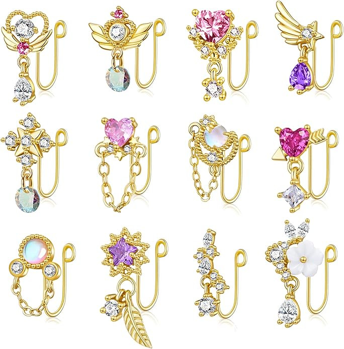 PLOMFOV 12Pcs Fake Nose Ring for Women Dangling Nose Cuffs Faux Clip on Nose Ring for Non Pierced... | Amazon (US)