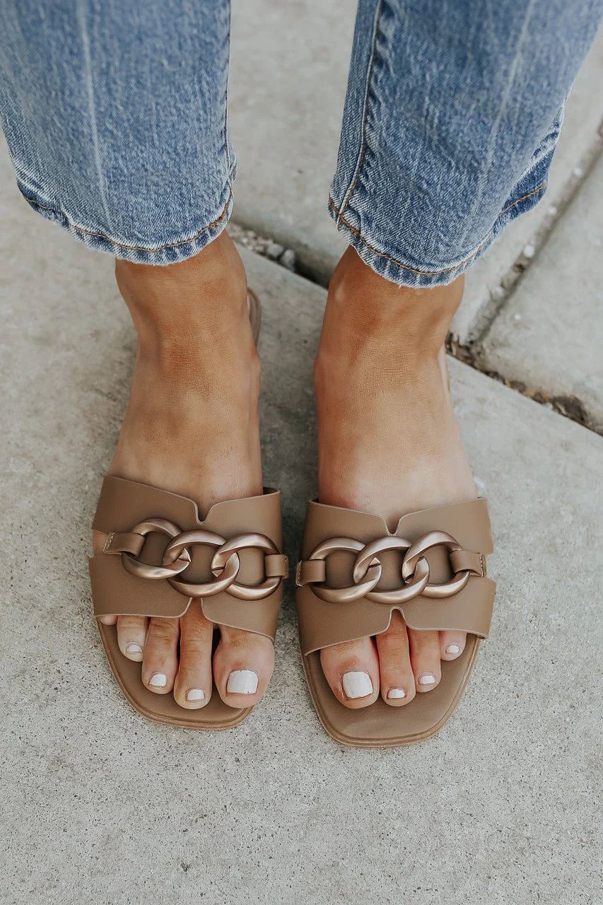 Taupe Slide Sandals | Chain Detail | Magnolia Boutique | Magnolia Boutique
