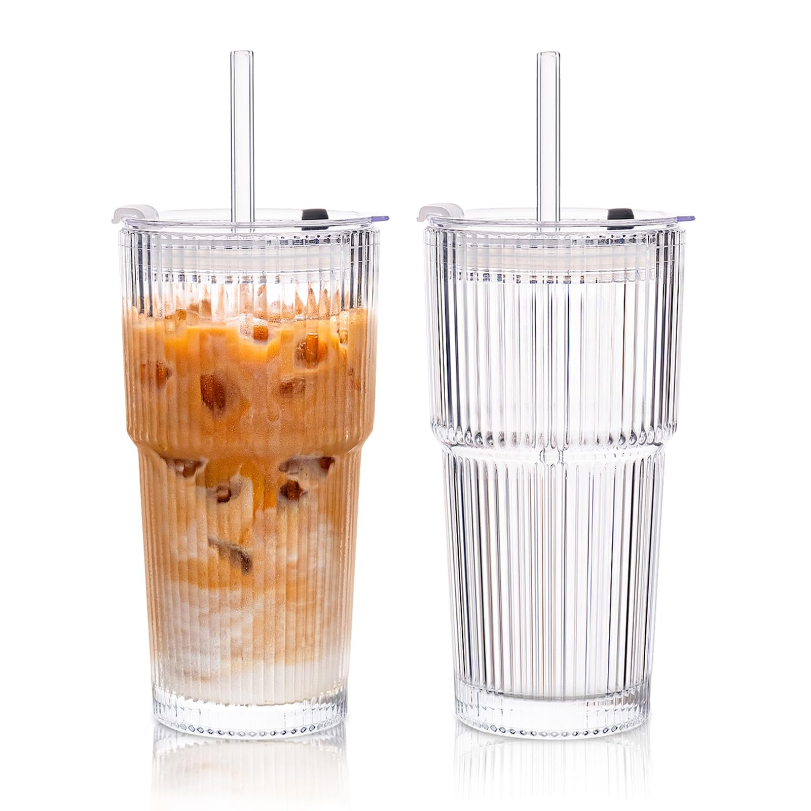 KEMORELA 2-Pack 20 oz Ribbed Glass Tumblers with Lids and Glass Straws – Vintage Iced Coffee Cu... | Amazon (US)