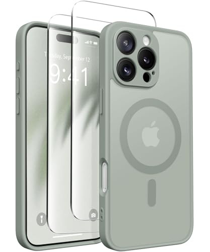 CAPRARO Magnetic Compatible with iPhone 16 Pro Case, Upgraded [Full Camera Protection] [Compatible with MagSafe] Protective Translucent Matte Women Girl Phone Case Cover, Grey Green | Amazon (US)