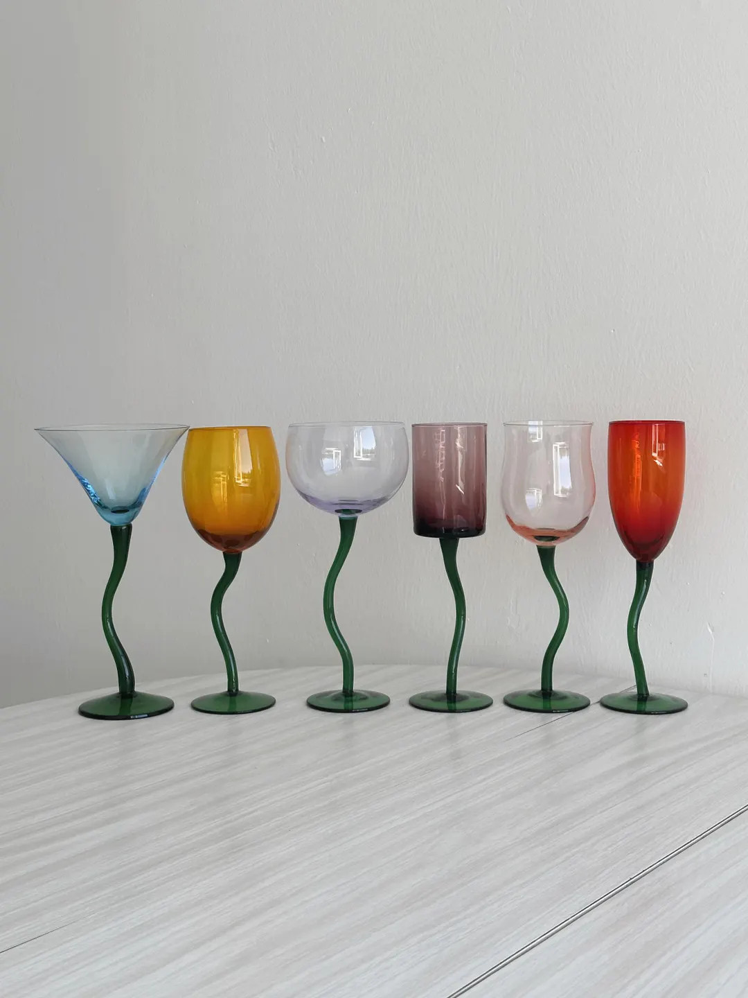 Set of 6 hand-blown colored glasses with green twisted stems and a tulip floral design; a chic an... | Etsy (US)