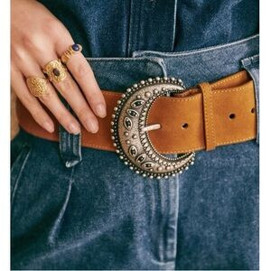 SEZANE Louve Belt Camel Split Leather Ornate Antique Silver Buckle Sz 90CM NWT | Poshmark