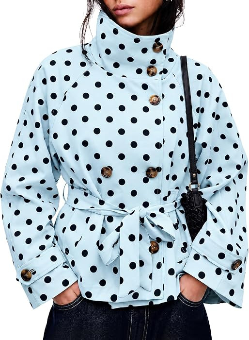 Tankaneo Womens Polka Dot Cropped Trench Coats Trendy Casual Short Jackets | Amazon (US)