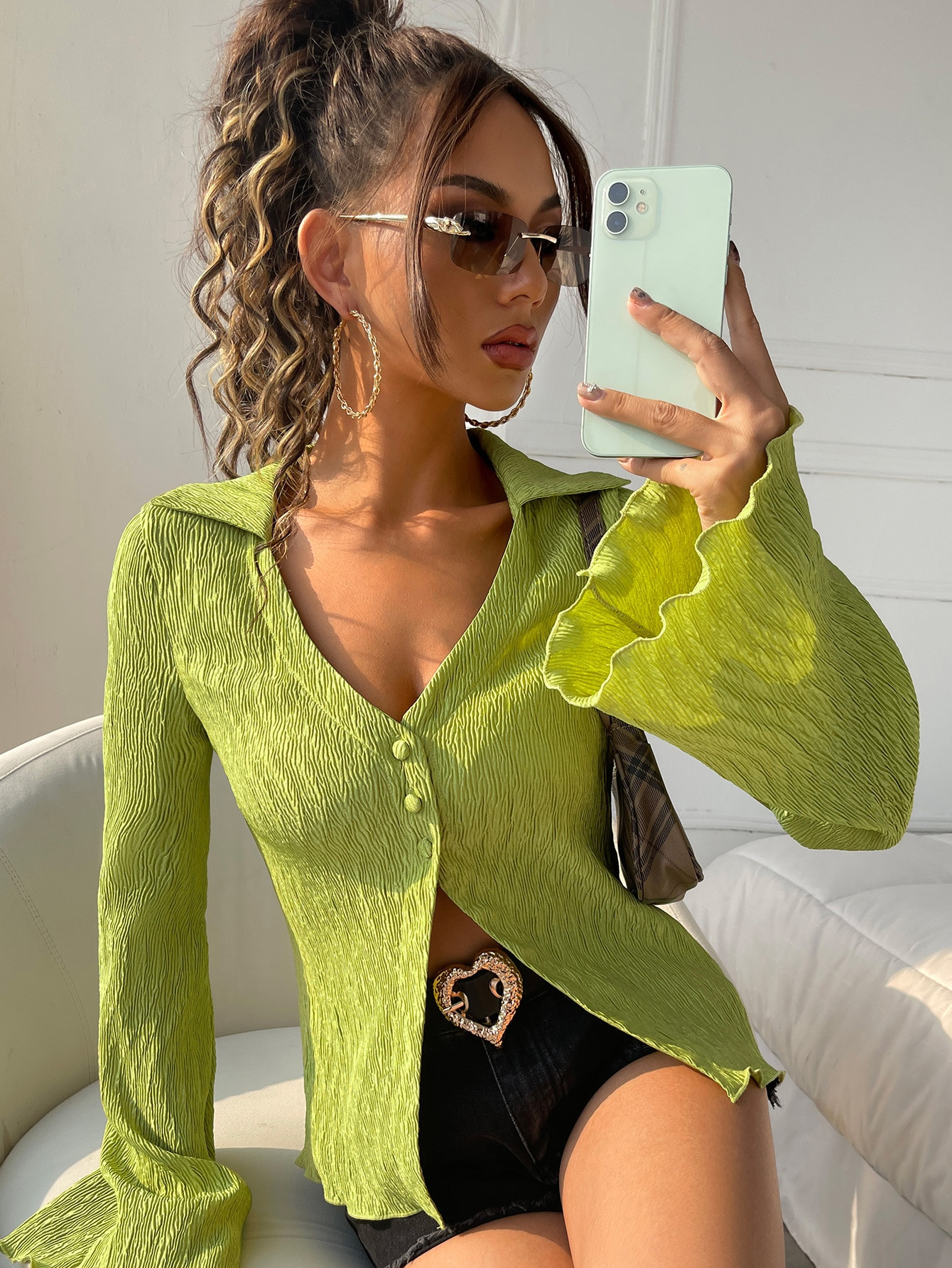 SHEIN Flounce Sleeve Lettuce Trim Blouse | SHEIN