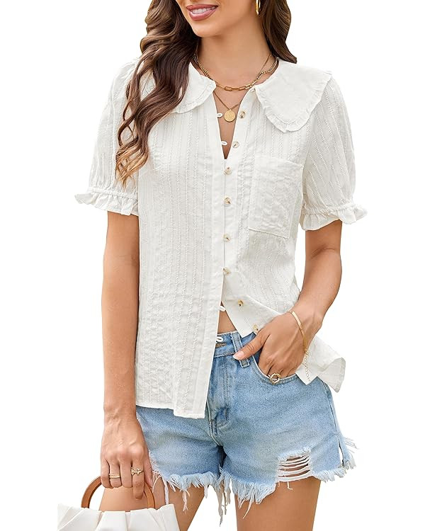 ECOWISH Women's Button Up Shirt - Peter Pan Collar Frilled Short Sleeve Summer Tops Casual Cotton... | Amazon (US)