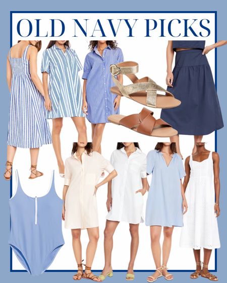 Old Navy favorites for women! Classic preppy spring and summer styles. Casual dress, white dress, blue and white dress, t-shirt dress, shirt dress, light blue dress, light blue swimsuit.

#LTKsalealert #LTKstyletip