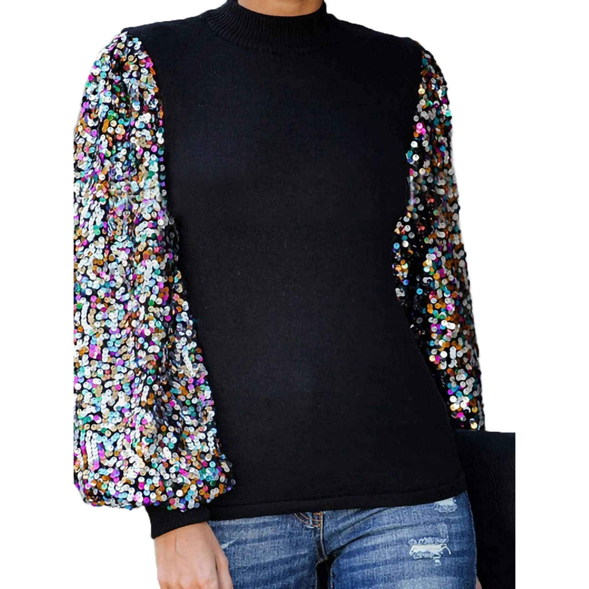 Women's Confetti Sequin Balloon Long Sleeve Mock Neck Pullover Sweater | Walmart (US)