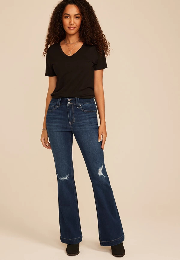 m jeans by maurices™ Dark High Rise Double Button Flare Jean | Maurices