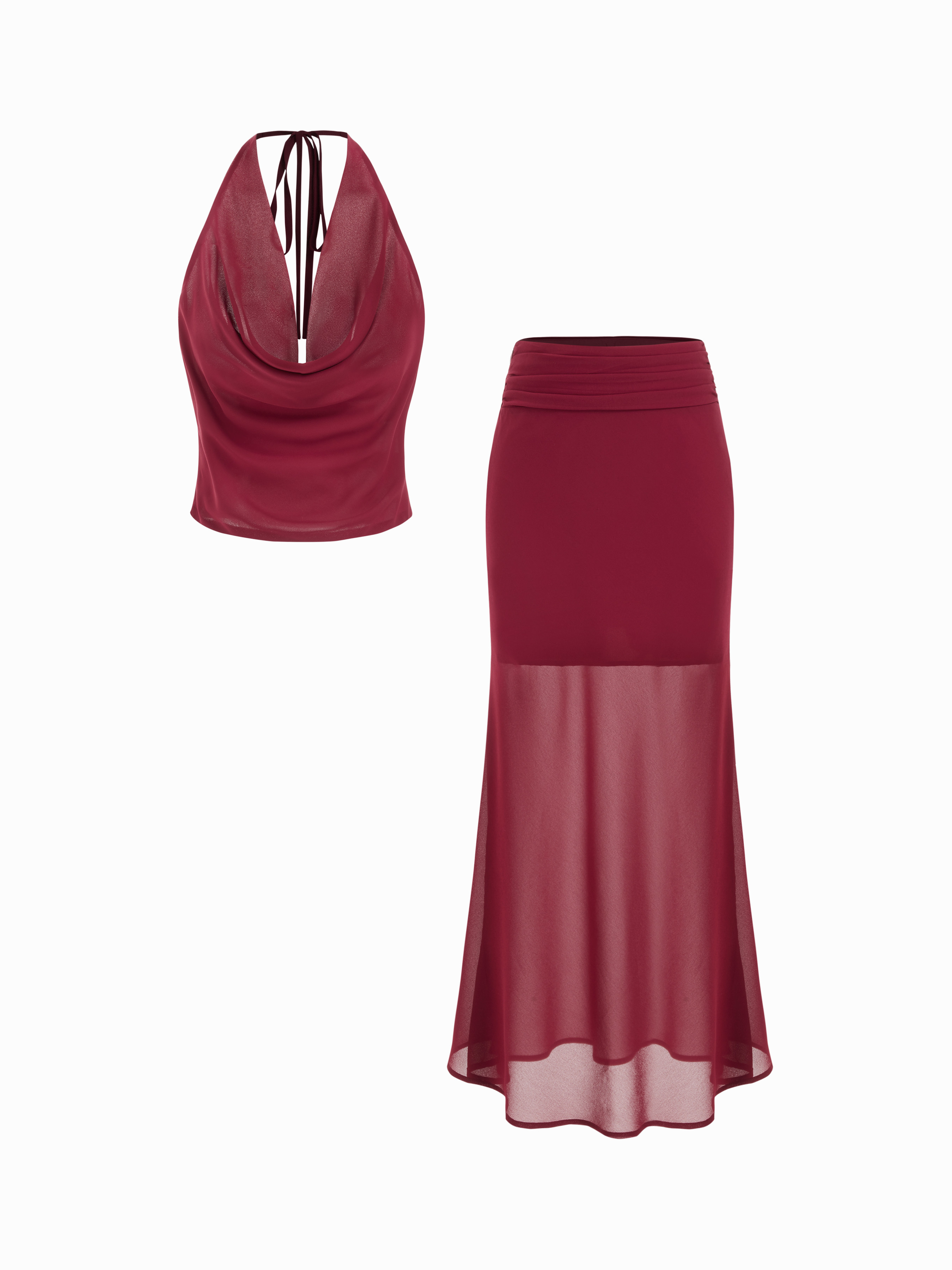 Chiffon Cowl Neck Crop Top & Low Rise Semi-transparent Maxi Skirt Set For Party/Clubbing Holiday | Cider