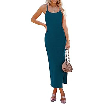 Pink Queen Women's Sleeveless Bodycon Slip Dress Spaghetti Strap Backless Ribbed Split Maxi Long ... | Amazon (US)