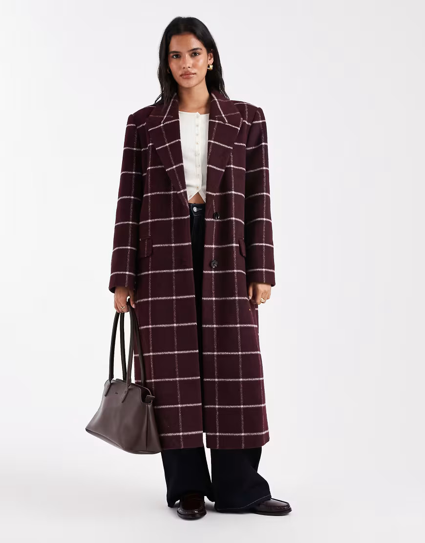 ASOS DESIGN longline formal coat in burgundy check-Red | ASOS (Global)