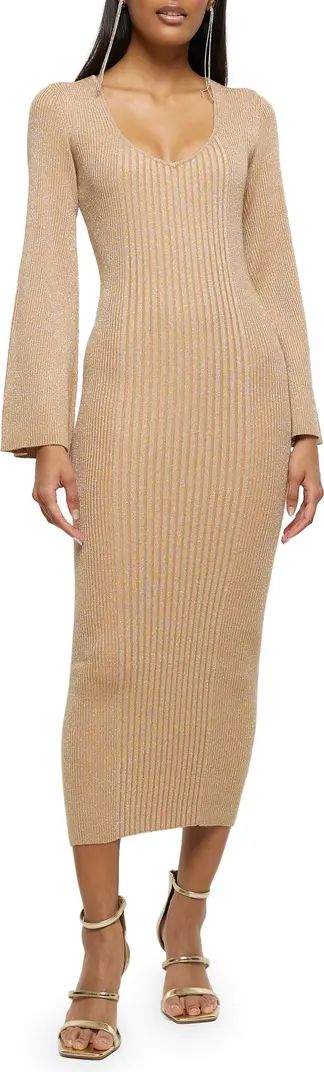 Caitlin Long Sleeve Metallic Rib Midi Sweater Dress | Nordstrom