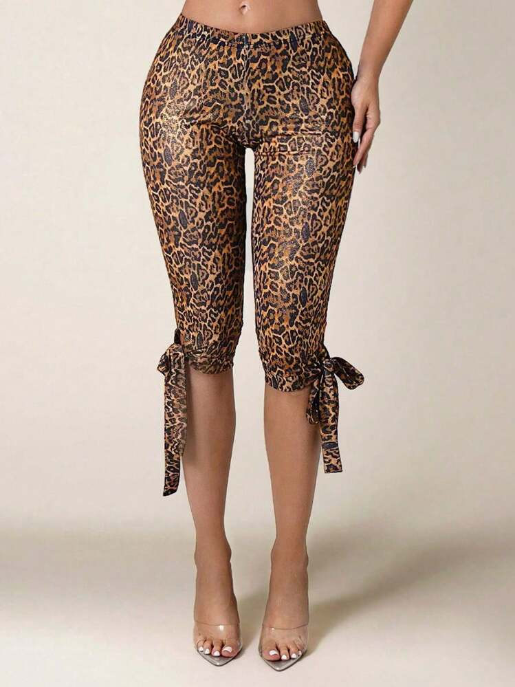 SHEIN PETITE Women's Fashion Leopard Print Ankle Tie 3/4 Leggings | SHEIN
