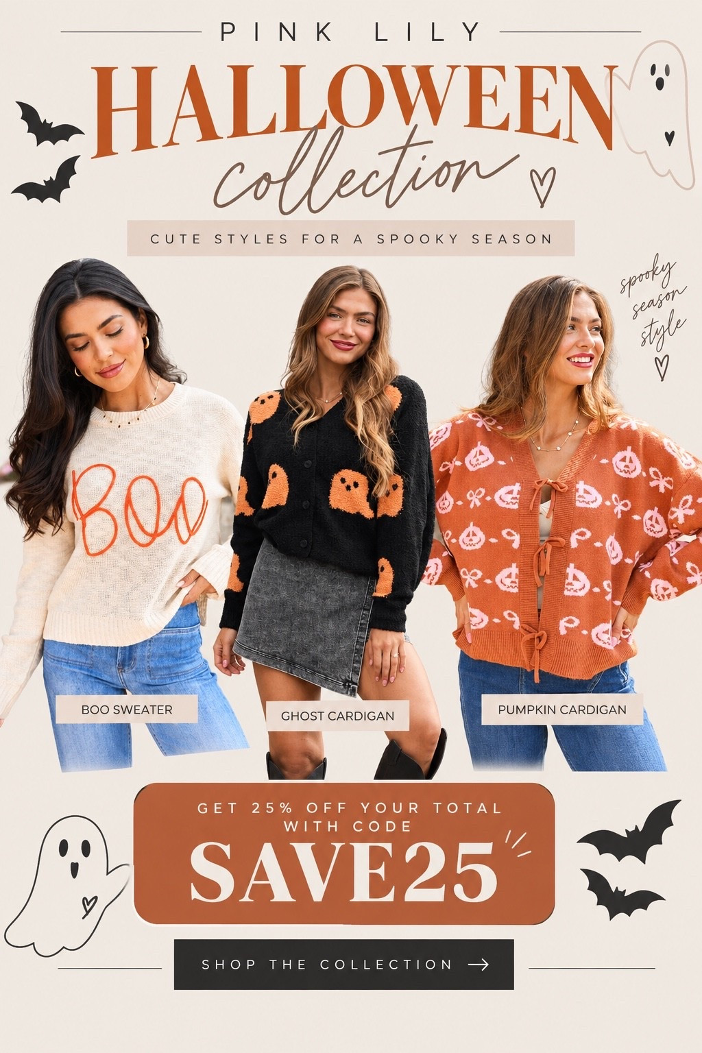 Pink Lily Halloween collection. Sale going on at pink Lilly if you use the code SAVE25 you will end up getting 25% off your total! Pumpkin, sweaters, ghost, sweaters, Halloween outfits ready for you! ￼

#LTKSeasonal #LTKmomlife #LTKSaleAlert