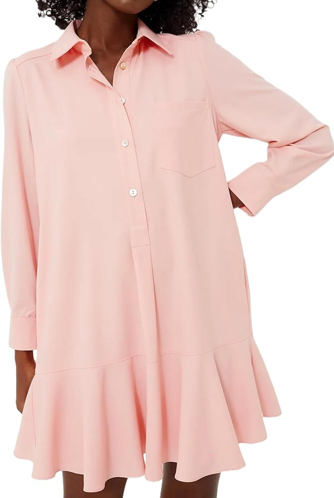 Women Button Up Shirt Dress Long Sleeve Ruffle Hem Collar Tunic Mini Dress Loose Cotton Drop Wais... | Amazon (US)