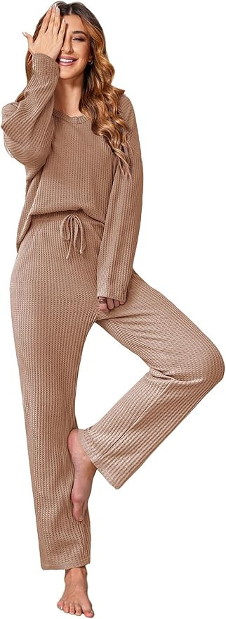Ekouaer Women's Waffle Knit Pajama Sets Comfy Long Sleeve Lounge Sets 2 Piece Matching Pj Sets wi... | Amazon (US)