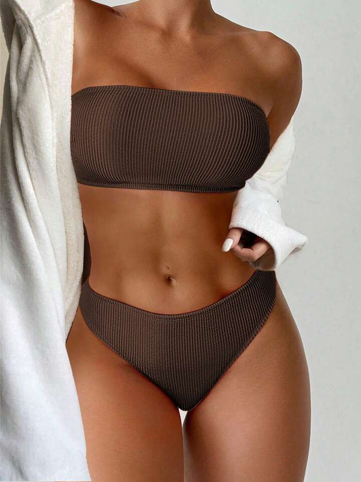 SHEIN Swim Solid Color Texture Detail Backless Strappy Two-Piece Bikini Set, Summer Beach | SHEIN