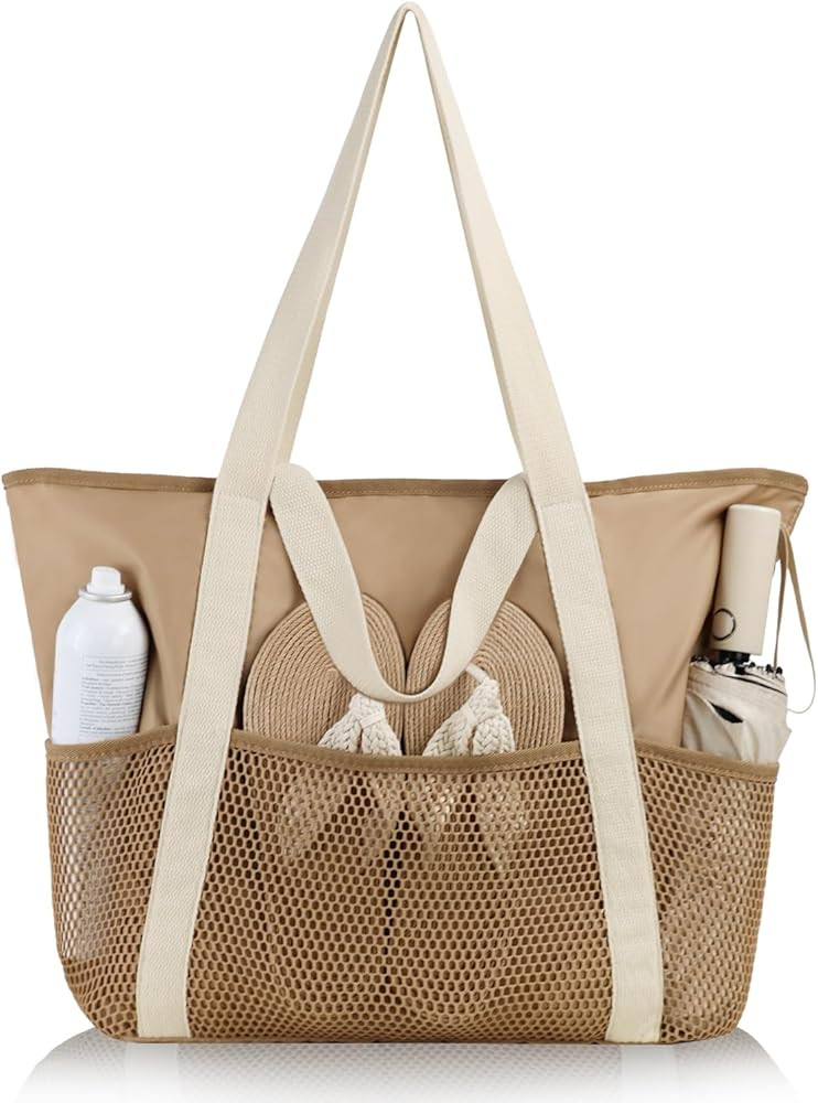 HOMESPON Beach Bag Large Waterproof Sandproof Tote for Women with Zipper and Mesh Pockets | Amazon (US)