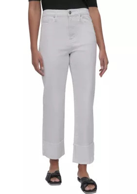 DKNY Jeans Women's High Rise Classic Straight Trousers with Raw Edge Pressed Cuffs, White, 30 | Belk