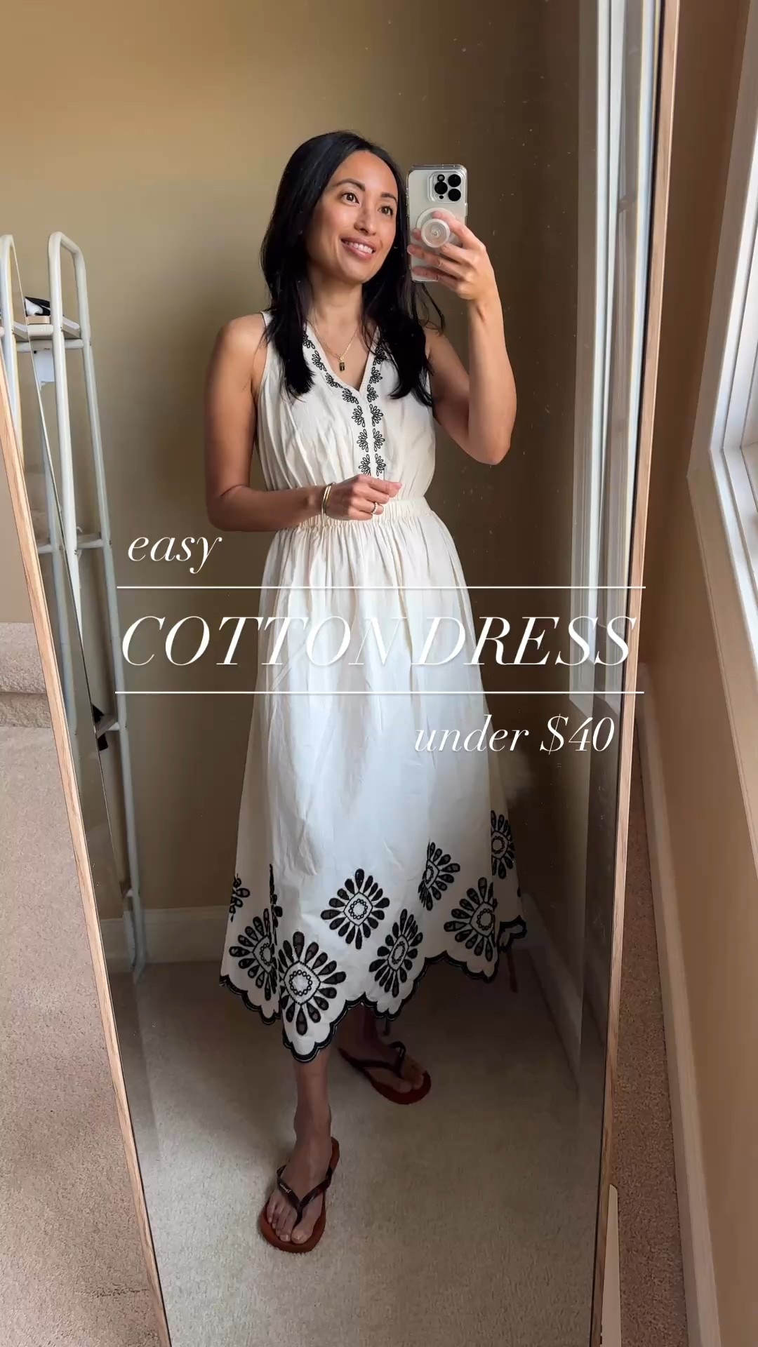 Spring dress. Spring break. Vacation. Easy cotton dress under $40. 
-This dress is made from 100% cotton, which is hard to find at that price point. Pretty embroidered details and a scalloped hem with a pretty eyelet pattern on the bottom. 
-It is unlined, but super lightweight. 
-Pockets and elastic waistband. 
-True to size; top was roomy for me. 
-The design feels like something from Madewell. 
-Elevated flip flops with tortoise straps and t-strap style with link detailing. Both true to size. 
-Birkenstock sandals true to size. 
-Layer with light cardigan or denim jacket. 


#LTKTravel #LTKFindsUnder50 #LTKOver40