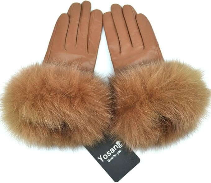 Yosang Women Genuine Lambskin Leather Winter Lined Gloves with Fox Fur Trim | Amazon (US)