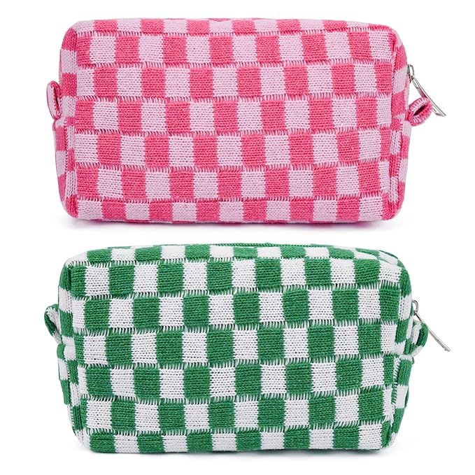 2 Pieces Makeup Bag Pouch Checkered Cosmetic Bag Pink Green, Travel Toiletry Bag Organizer Cute M... | Amazon (US)
