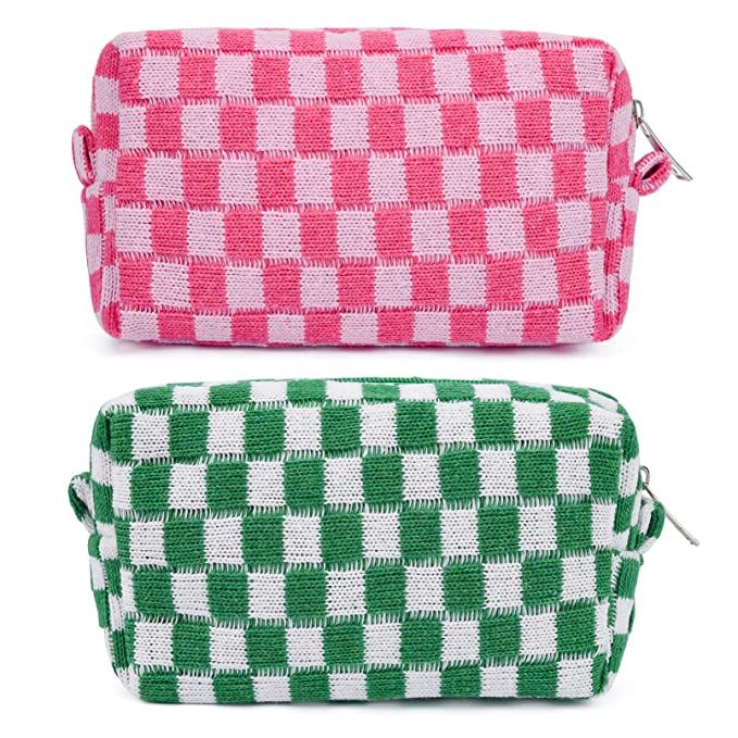 SOIDRAM 2 Pieces Makeup Bag Pouch Checkered Cosmetic Bag Pink Green, Travel Toiletry Bag Organize... | Amazon (US)