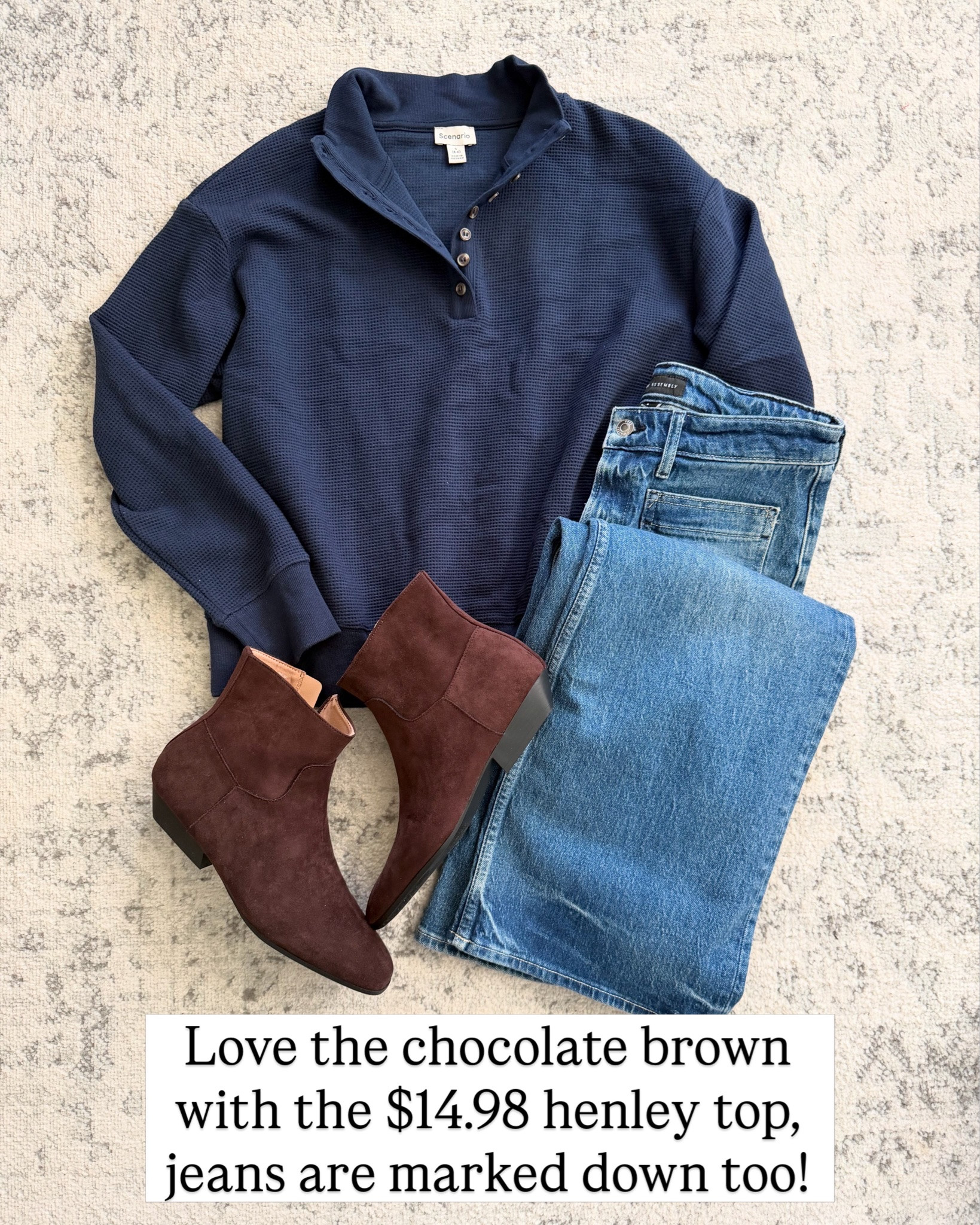 Brown and navy combo I love for fall! Waffle henley is cotton and so good! Fits tts. #walmartfashion