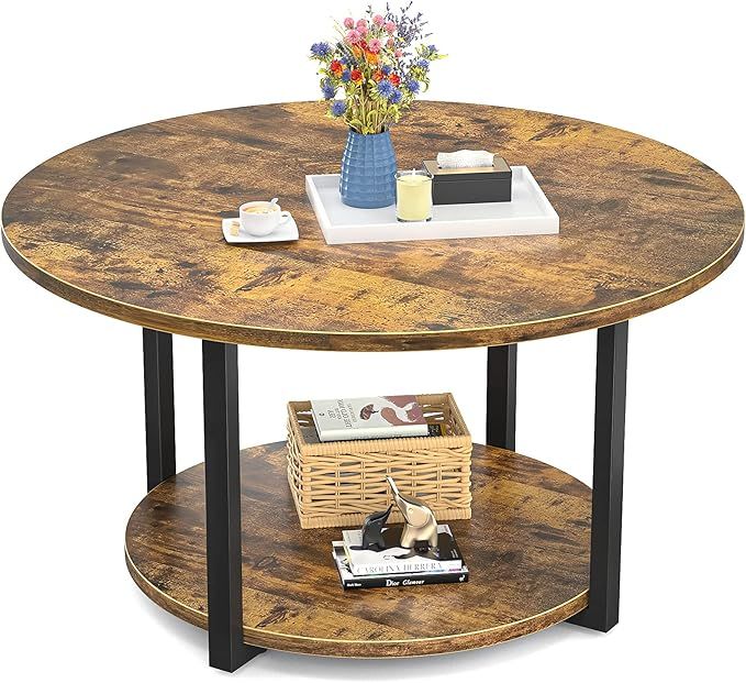 Armocity Round Coffee Table, 32 Inches Industrial Wood Living Room Table with Storage Shelf, 2-Ti... | Amazon (US)