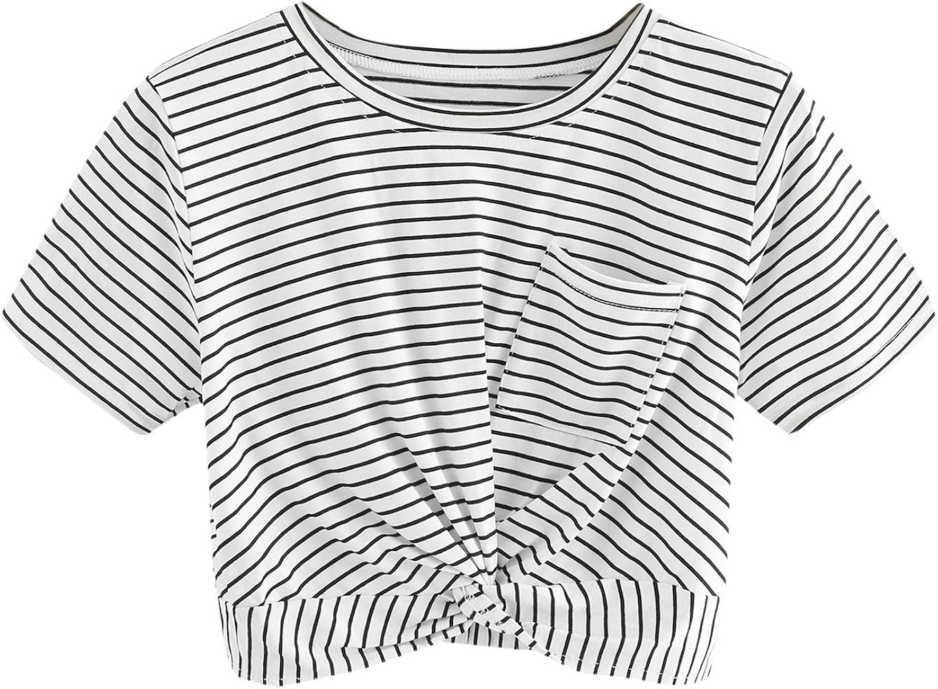 MakeMeChic Causal Women's Twist Knot Front Pocket Short Sleeve Crop Top Tee Shirt | Amazon (US)