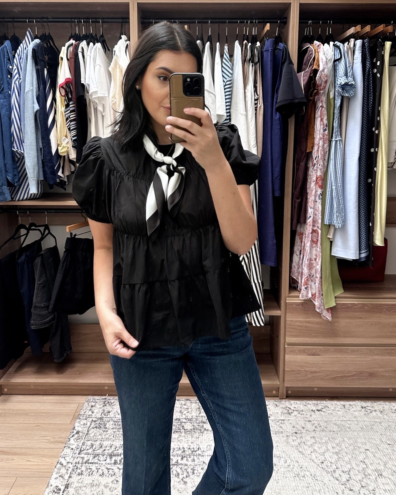 Ok so this is another cotton piece. I ordered a similar from Quince but actually like this one best! I am in the large, it runs slightly big overall. I would say if you’re in between sizes you can go down a size. 

The sleeves aren’t too puffy, which is nice! Cute cotton top in lots of colors, too!