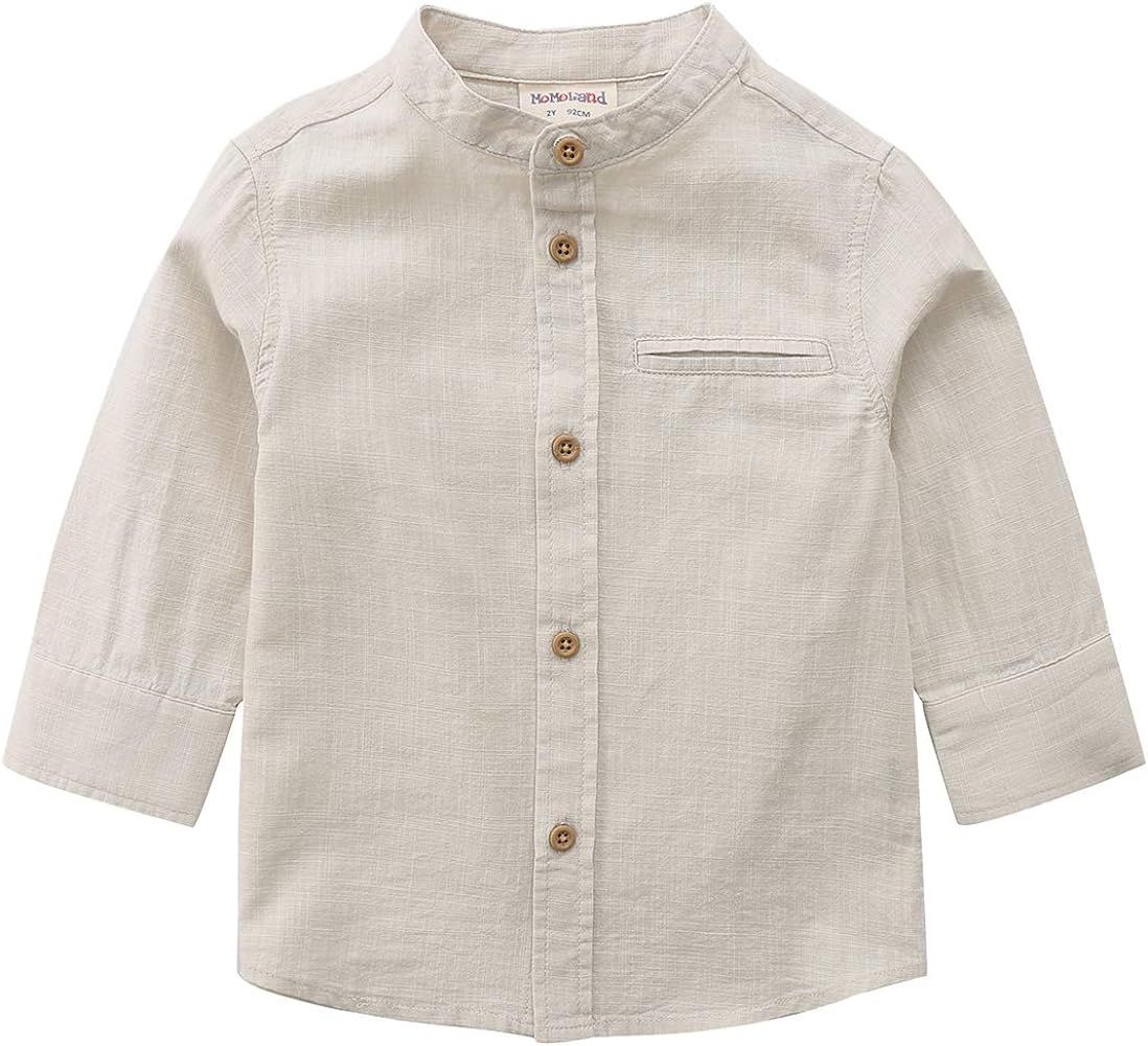 MOMOLAND Little Big Boys Long Sleeve Mandarin Collar Woven Cotton Button Down Linen Design Shirt ... | Amazon (US)