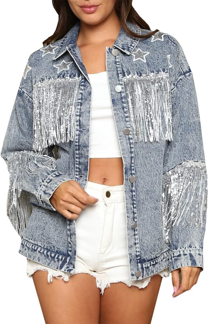 Women's Boyfriend Denim Jacket Long Sleeve Oversized Fringe Jean Jacket Coats | Amazon (US)