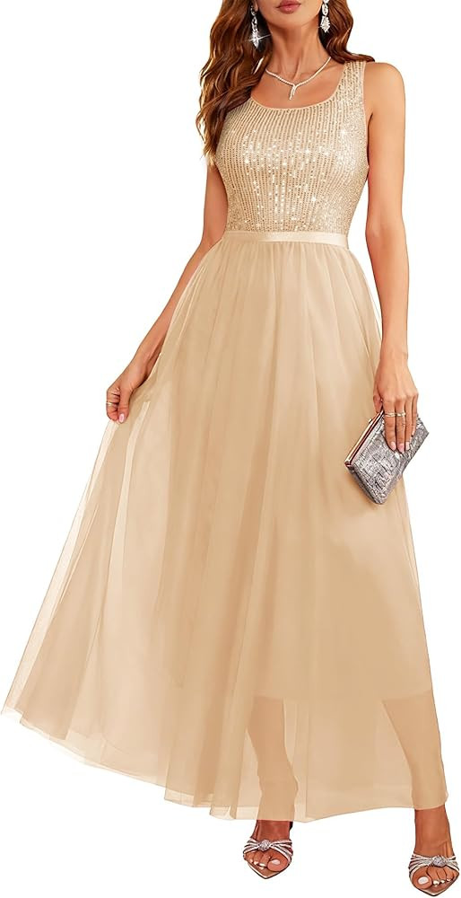 BeryLove Sequin Dress for Woman Vintage A Line Wedding Formal Swing Mesh Dress Sleeveless Cocktai... | Amazon (US)