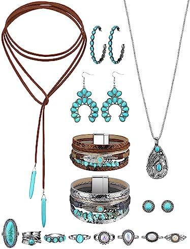 Inbagi 15 Pcs Bohemian Turquoise Jewelry Set for Women Western Pendant Necklace Boho Layered Brac... | Amazon (US)