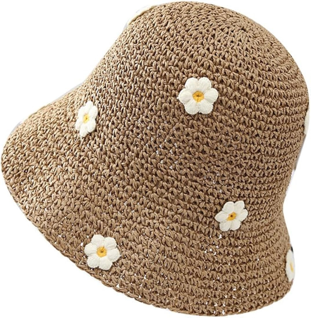 Straw Bucket Hat for Women Foldable Sun Hat Wide Brim Flower Beach Hat Floppy Bucket Hat | Amazon (US)