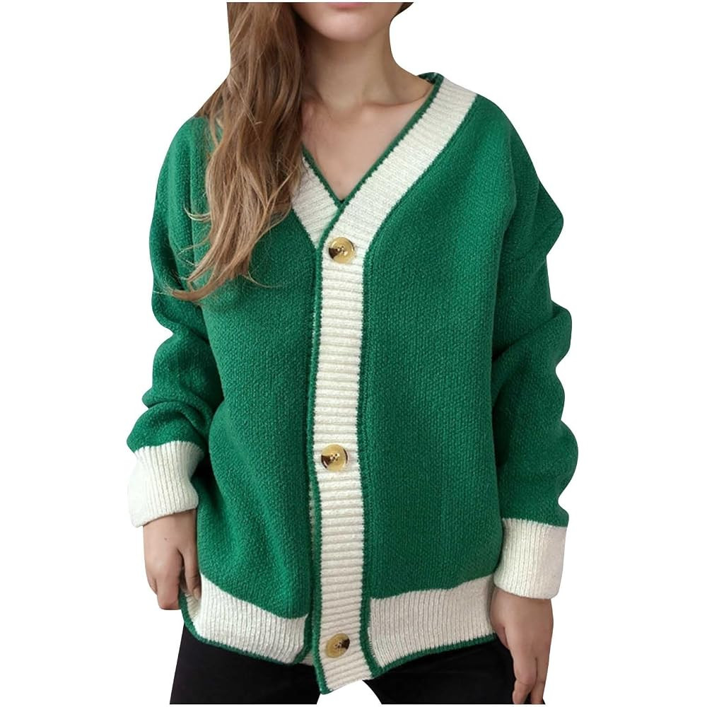 HGps8w Women's Color Block Button Down Cardigan Sweaters Oversized V Neck Knit Slouchy Long Sleev... | Amazon (US)