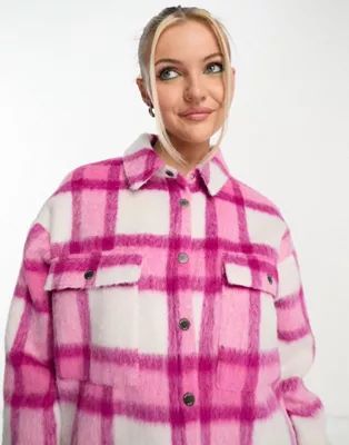 Noisy May brushed shacket & mini skirt set in pink check | ASOS (Global)