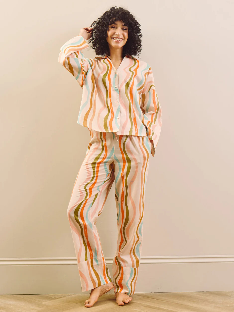 Womens Oatmeal Cream Rainbow Waves Voile Relaxed Shirt Pyjama Set | Their Nibs UK