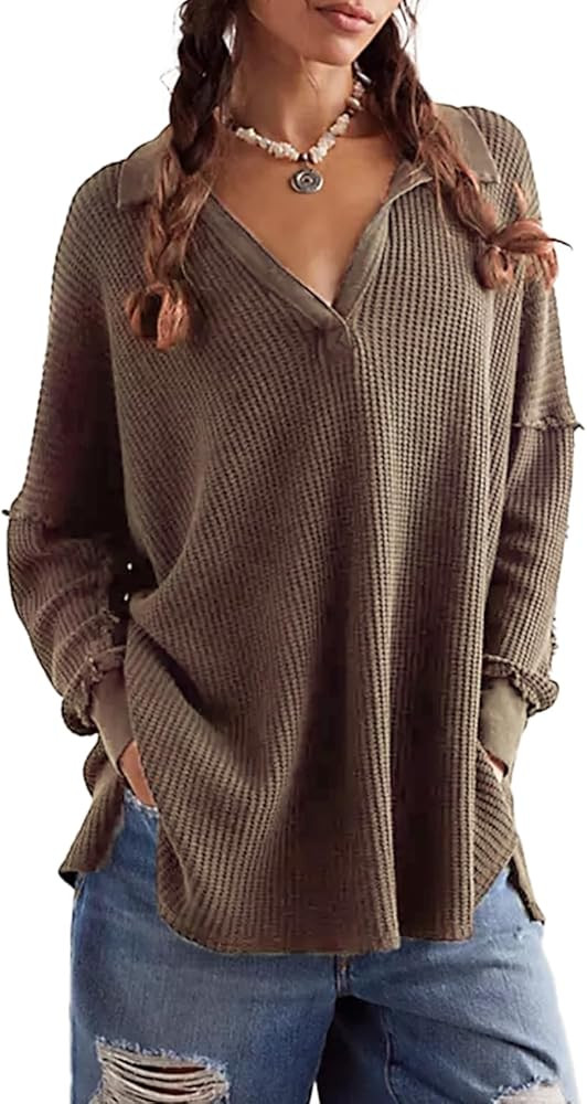 LifeShe Women's V Neck Batwing Long Sleeve Sweaters Lapel Collared Oversized Waffle Knit Side Sli... | Amazon (US)