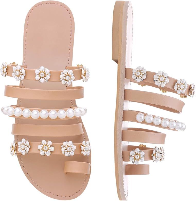 Shoe'N Tale Women Toe Ring Gladiator Flat Sandals Elegant Strappy Flip Flops Casual Comfortable B... | Amazon (US)