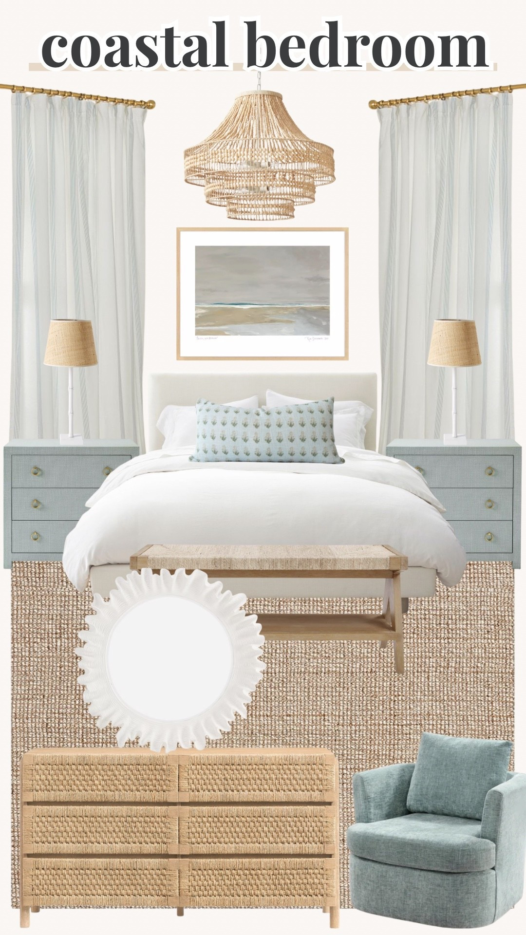 coastal bedroom, coastal master bedroom, coastal home decor, neutral bedroom, serene bedroom, beach house style, modern coastal, organic modern, light and airy, bedroom inspiration, bedroom refresh, bedroom decor, cozy bedroom, layered bedding, linen bedding, white bedding, wood nightstands, textured decor, woven accents, rattan decor, natural wood, soft blue decor, neutral home, calming home, coastal chic, elevated home, timeless decor, home styling, luxury bedroom, Wayfair, Amazon home, bedroom finds, interior design, home inspiration, coastal aesthetic, relaxing retreat