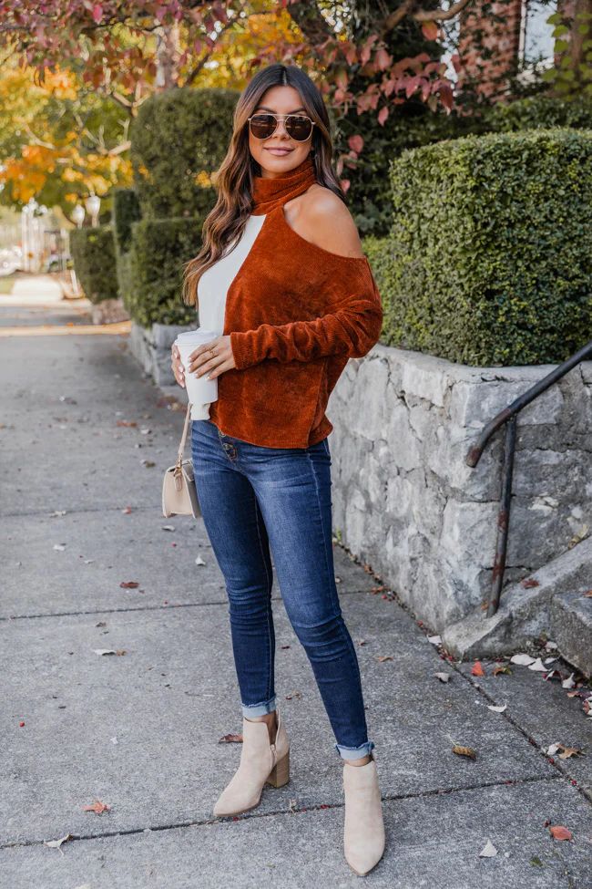 True Wish Chenille Ivory/Rust Colorblock Turtleneck Sweater FINAL SALE | The Pink Lily Boutique