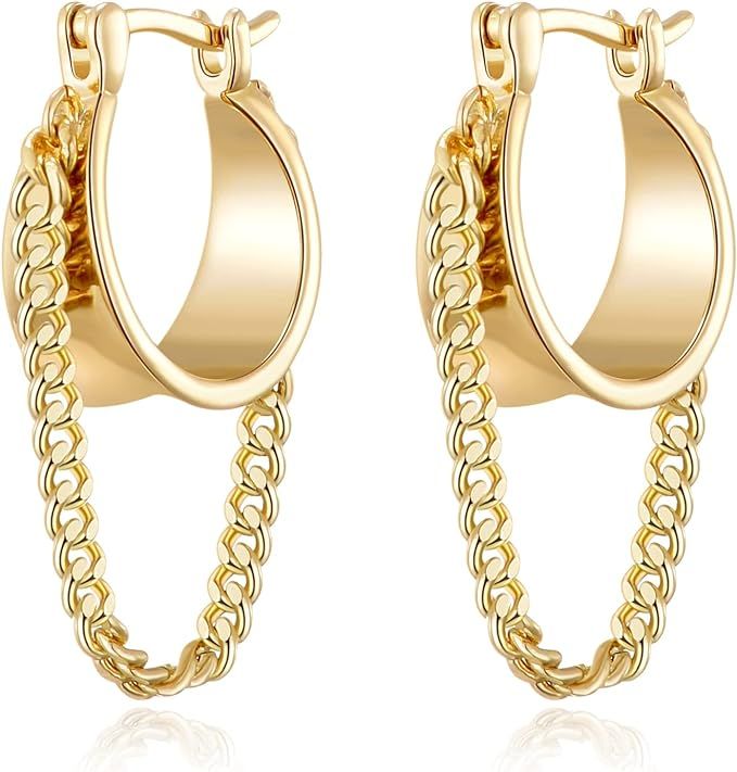 Ritach 925 Sterling Silver Small Huggie Hoop Earrings for Women Trendy 14K Gold Plated Chain Hoop... | Amazon (US)