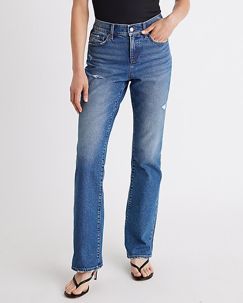 Mid Rise Medium Wash Ripped Bootcut Jeans | Express