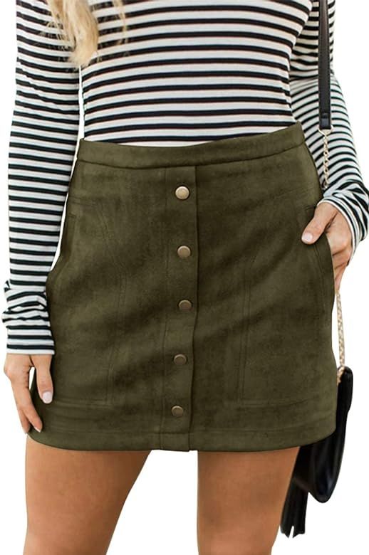 Meyeeka Women's Button Front Faux Suede High Waist A-line Mini Skirt with Pocket | Amazon (US)