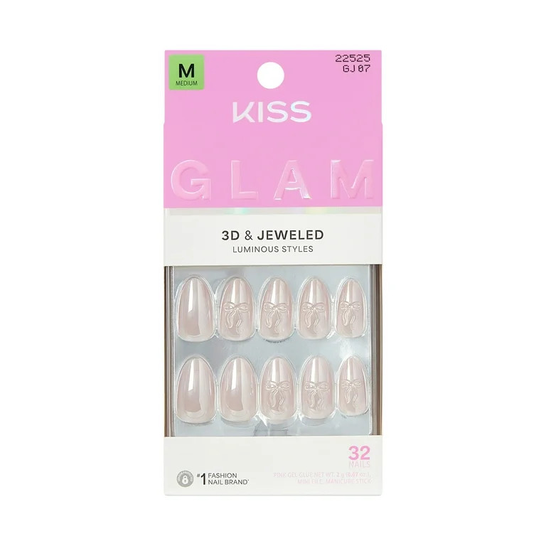 KISS GLAM 3D & Jewel Press On Nails  Almond, ‘Ripple’, Beige, Medium Length, 32 Count | Walmart (US)